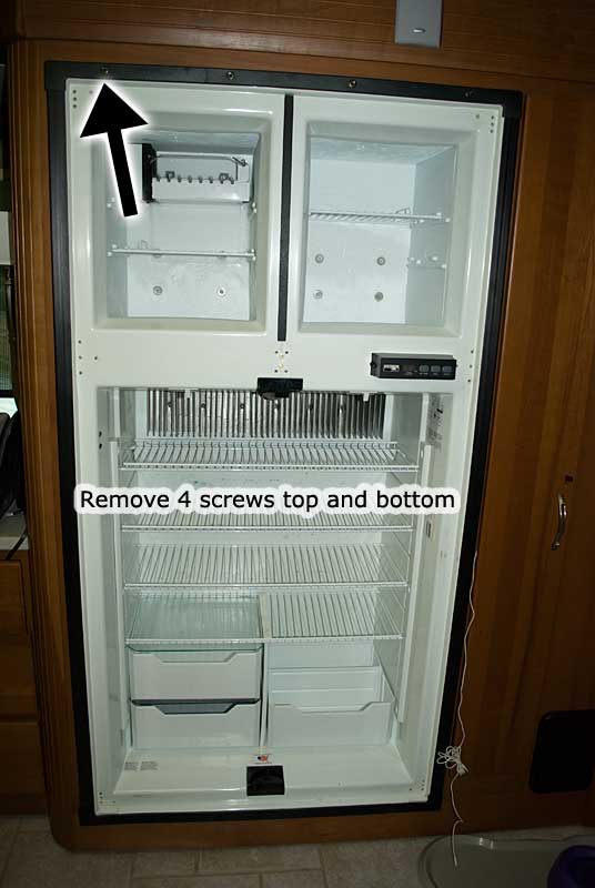 Screws to be removed on the top and bottom on the door side of the Norcold